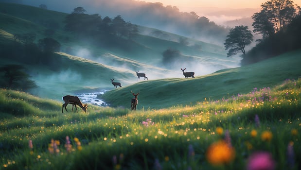 Deer in Foggy Meadow with Wildflowers photo