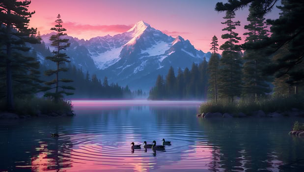 Mountain Lake with Ducks at Sunset photo