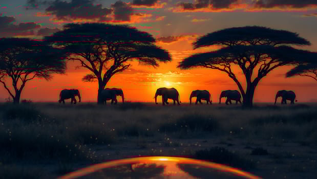 Elephant Under Trees at Sunset in African Savanna photo