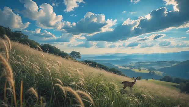 Deer in Grassy Field Under Cloudy Blue Sky Landscape photo