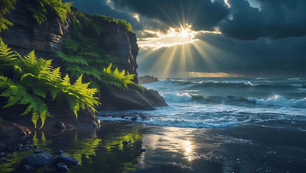 Coastal Scene with Cliff Ferns Sunlight and Waves photo