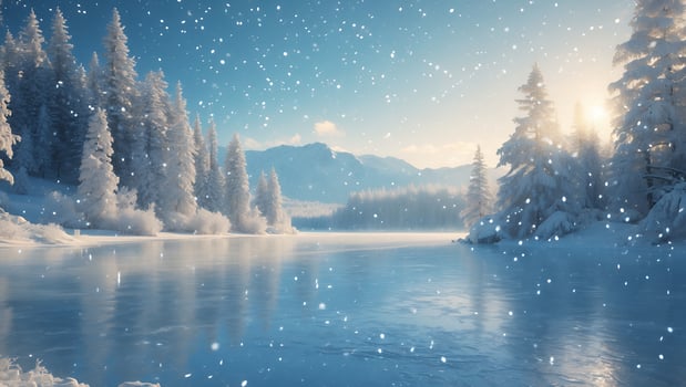 Winter Scene with Snowy Trees and Frozen Lake photo
