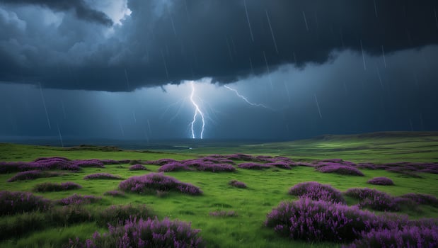 Lightning Storm Over Meadow with Purple Flower Patches photo
