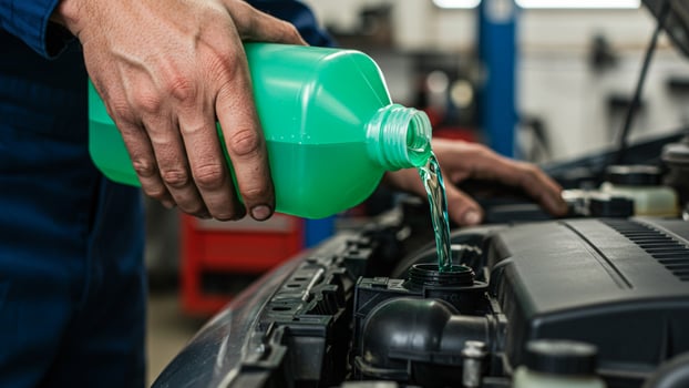 Mechanic pouring antifreeze liquid into car radiator, perfect for automotive blogs or repair manuals. photo