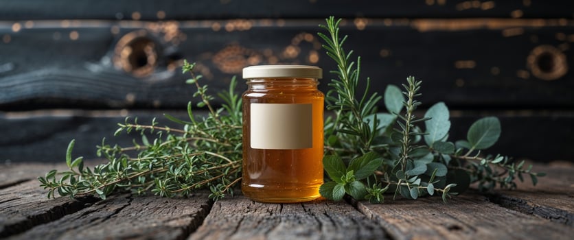 Glass jar of golden honey with blank label surrounded by fresh green herbs on dark rustic background. photo