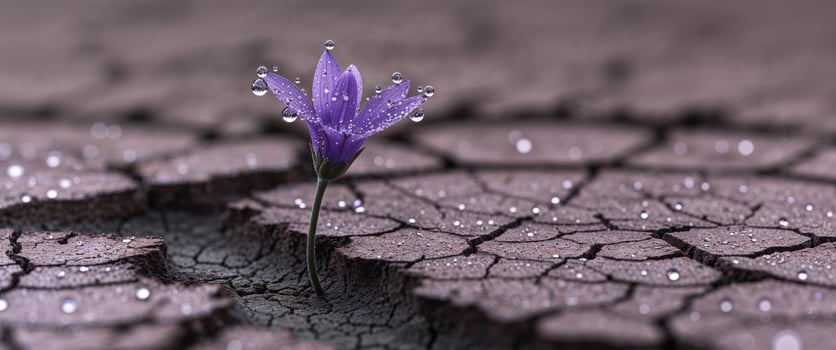 Purple Flower with Dew Drops on Cracked Earth Background. photo