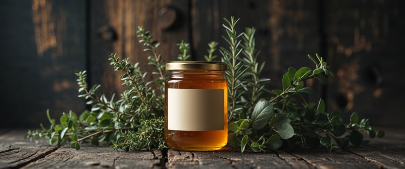 Glass jar of golden honey with blank label surrounded by fresh green herbs on dark rustic background photo
