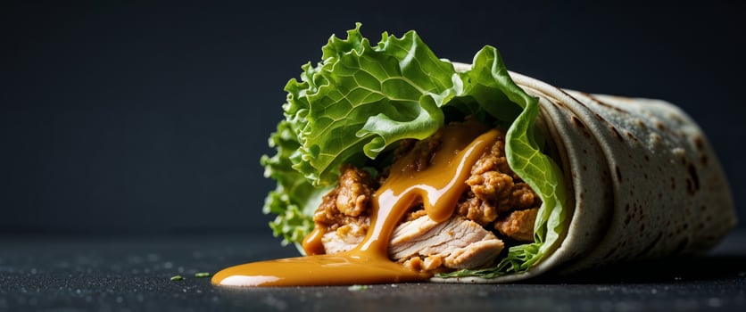 Delicious chicken wraps with fresh lettuce and creamy sauce on a dark background for a tasty meal. photo