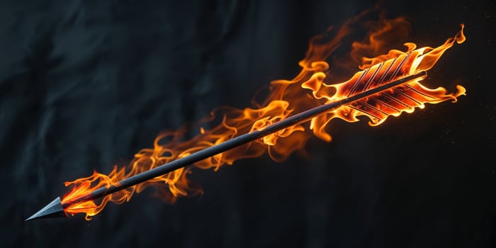 Burning fiery arrow pointing right on dark background photo