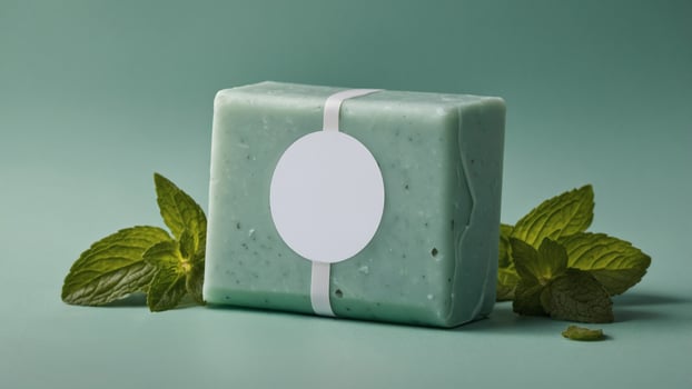 A refreshing herbal soap adorned with a plain label and fresh mint leaves exudes a clean, invigorating aroma on a soothing blue backdrop. photo