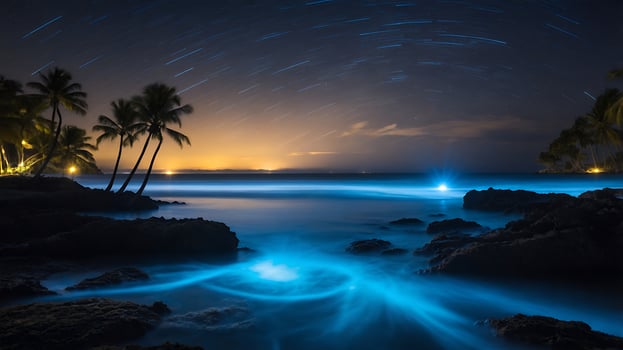 Bioluminescent Water at Night Under Star Trails photo