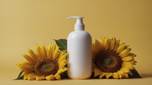 White lotion bottle with pump surrounded by sunflowers, evokes natural skincare and beauty. Clean design against a light yellow backdrop. photo