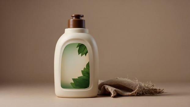 Eco-friendly cleaning solution with leaf motif, presented in a minimalist style with natural tones, promoting sustainability photo
