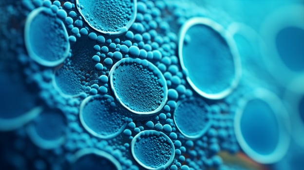 Virus or bacteria cells. Cocci bacteria and virus cells. Microscopic blue bacteria. Healthcare and medicine concept photo