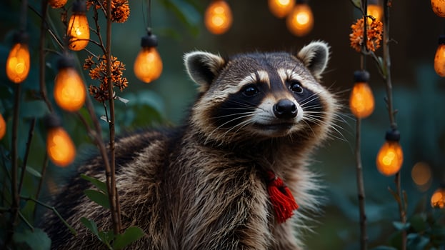 Raccoon Under Glowing Lights Outdoor Evening photo