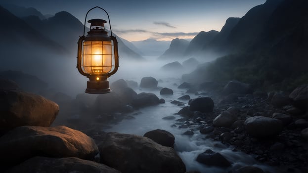 Glowing Lantern Over Misty Mountain River photo