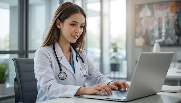 Young female doctor engaged in a telehealth consultation. Dr. typing on a sleek laptop in a contemporary medical office. photo
