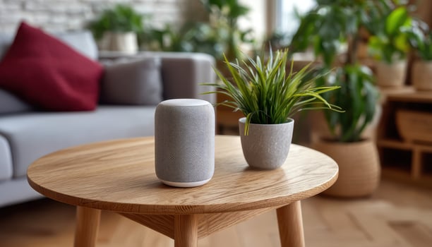 Smart speaker setup in cozy living room modern decor indoor design contemporary view photo