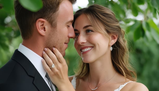 Romantic embrace between a couple in a lush garden portrait photography outdoor setting photo