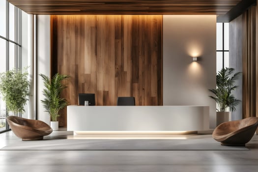 Modern hotel reception area with wooden paneling and comfortable seating photo