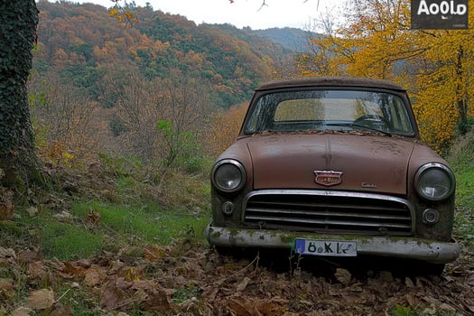 A rusted car is parked in the woods photo