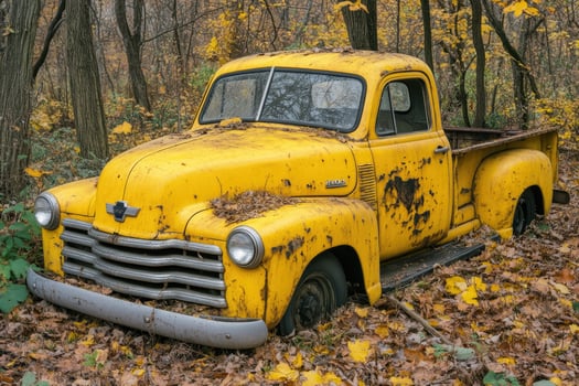 An old yellow truck sits in the woods photo