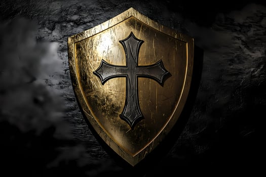 Golden shield with black cross embossed on dark background photo
