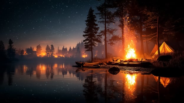 Camping in the forest at night with a fire photo
