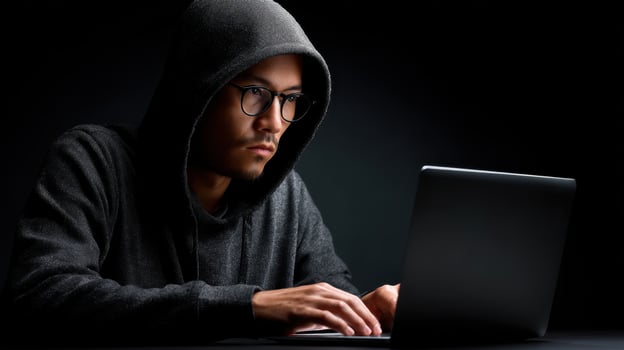 Cybersecurity action hacker at work in dark environment technology content intense focused view photo