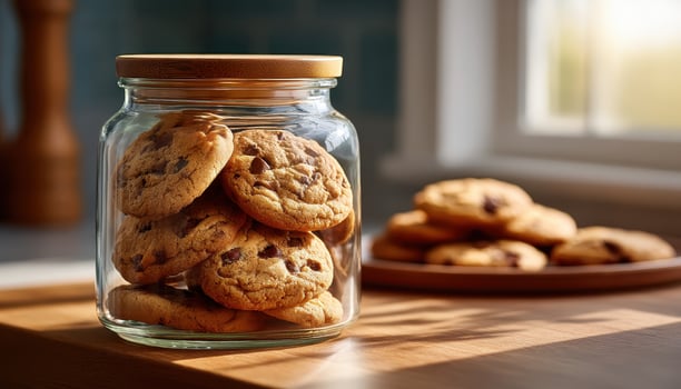 Freshly baked chocolate chip cookies kitchen food photography cozy setting close-up delicious treats photo