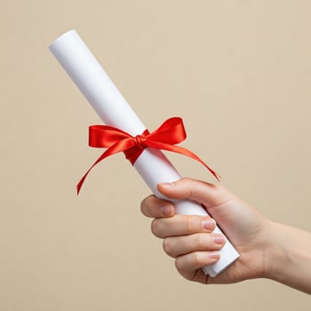 Graduation Scroll with Red Ribbon Held in Hand. photo