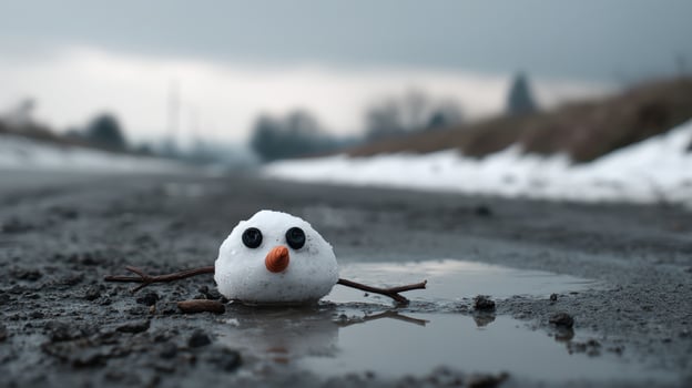 Melted snowman rests on muddy ground during winter thaw after a snowstorm photo