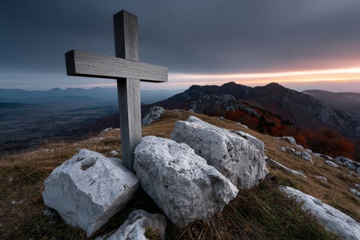 Weathered wooden Orthodox cross stands prominently on rocky terrain at dusk photo