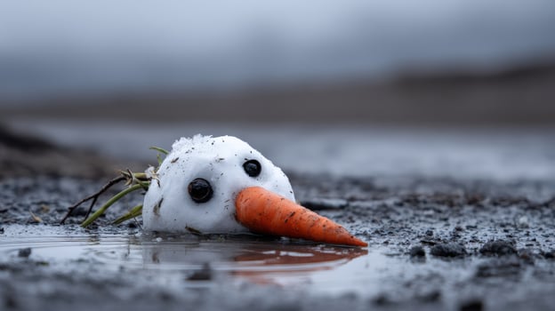 Melted snowman resting on ground with carrot nose in close-up view during winter thaw photo