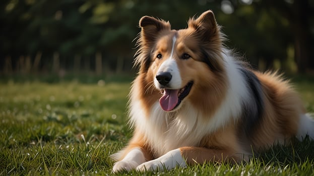 A happy rough collie dog lying down on the grass photo