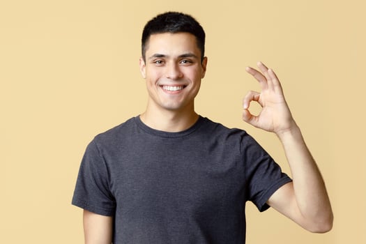 Great offer, result and review from blogger. Handsome young cheerful student man in brown t-shirt shows okay gesture symbol with hand, isolated on beige background, studio shot, free space photo