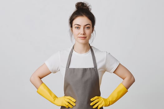 a woman wearing apron and yellow rubber gloves photo