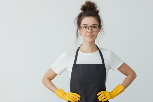 a woman in an apron and yellow gloves photo