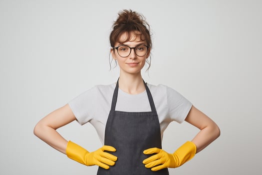Confident Young Woman in Apron and Yellow Rubber Gloves Ready for Cleaning or Housework Against White Background photo