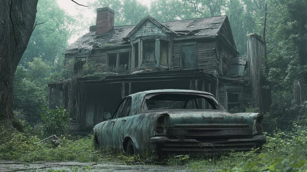 Overgrown House and Abandoned Car in a Forest photo