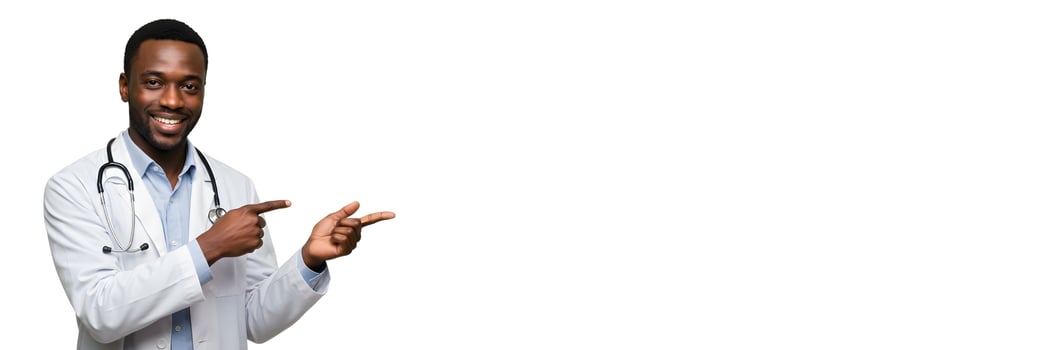 Smiling Doctor Gesturing to Blank Space for Medical or Healthcare Message Banner 2 photo