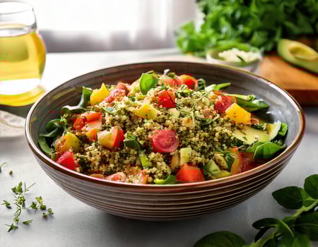 A bowl of quinoa salad with vegetables and herbs photo