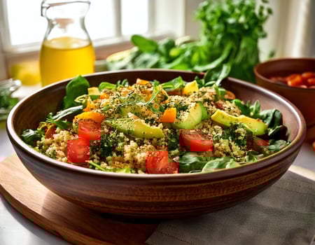 A bowl of salad with vegetables and tomatoes photo