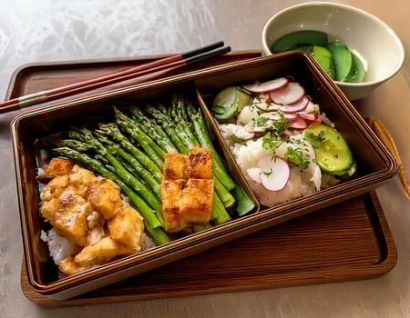 A bento box with asparagus, chicken, and rice photo