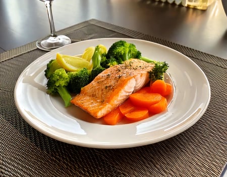 A white plate with salmon, broccoli and carrots photo