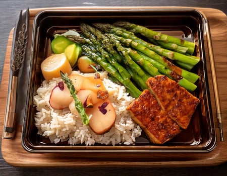 A black tray with rice, asparagus, and meat photo