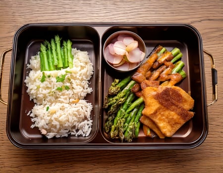 A bento box with rice, asparagus, and fish photo