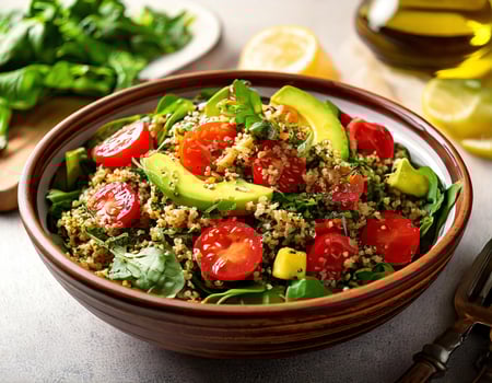 A bowl of salad with tomatoes, avocado, and spinach photo