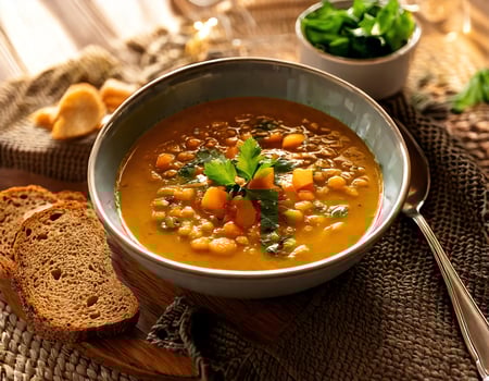 Lentil soup with bread and herbs photo