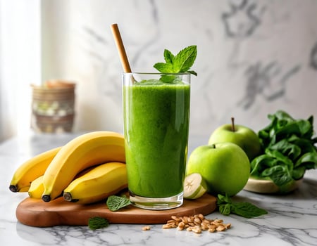 Green smoothie with banana, green apple, mint and green tea photo